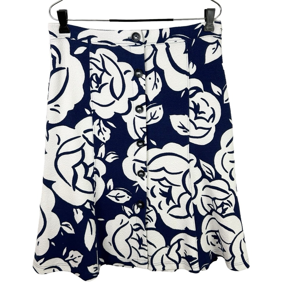 MAEVE Floral Knit SKIRT M Blue White Floral Anthropologie Button A-Line Graphic